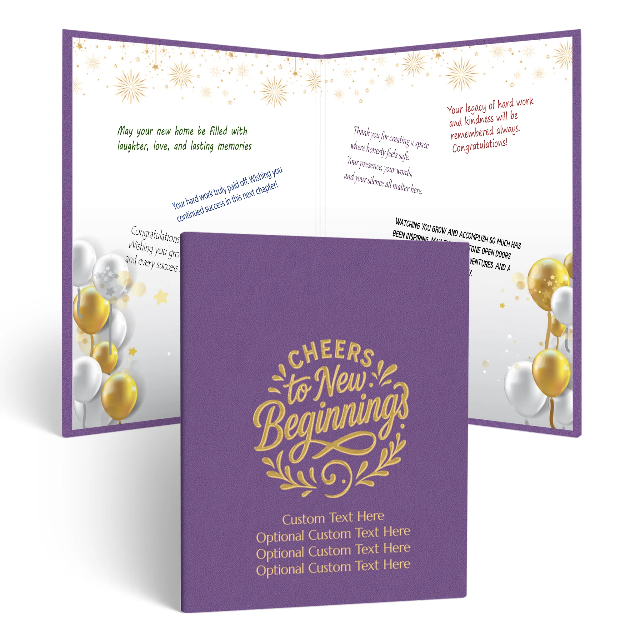 Purple vegan leather multipurpose guest book with a textured cover reading “Cheers to New Beginnings” and customizable lines “Custom Text Here Optional Custom Text Here Optional Custom Text Here Optional Custom Text Here.” Inside, the guest book features 